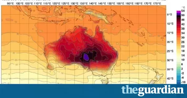 Australian Bureau of Metereology temperature map - with a new colour for 52-54C. Image: BOM