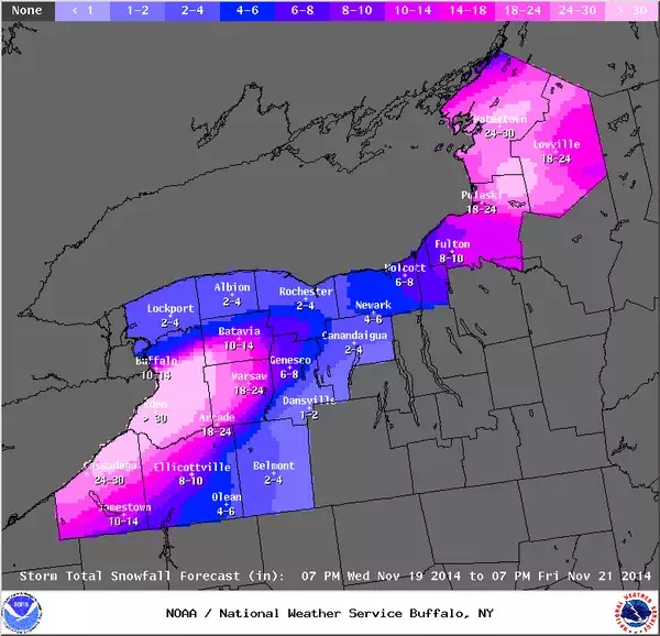 Storm snowfall total forecast in inches, Wednesday November 19. Image: National Weather Service