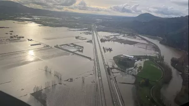 An image of the water-logged Sumas Prairie area taken last Friday. Photo: B.C. Ministry of Transportation/Twitter.