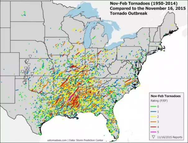 All tornadoes reported in the era of reliable records, from 1950 to 2014, during the months of November through February. Photo: Ian Livingston and ustornadoes.com