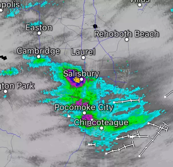 Radar Rainfall Estimate. The yellow area is over 6 inches of rain in Western Wicomico County of Maryland. Image: AGU Blog