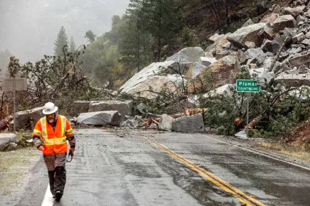 Rocks and vegetation tumbled down the mountainside in the Sierra Nevada.