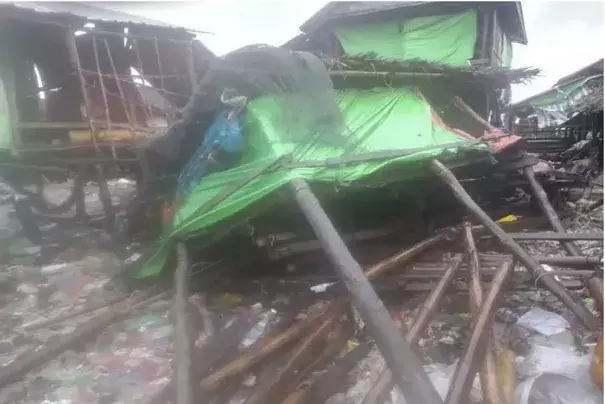 In this photo provided by Myanmar Military True News Information Team on Sunday, May 14, 2023, buildings damaged by Cyclone Mocha is seen in Kyauk Phyu township, Rakhine State. (Credit: Military True News Information Team via AP)