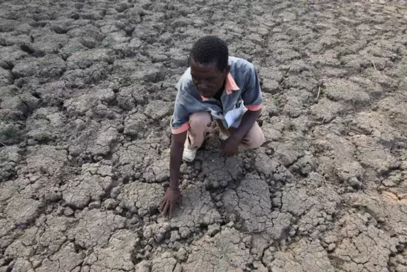 In this photo taken Sunday Jan. 29, 2016, Last Zimaniwa feels the broken ground at a spot which is usually a reliable water source that has dried up due to lack of rains in the village of Chivi , Zimbabwe. Zimbabwean president Robert Mugabe has declared a state of disaster as the country struggles to deal with a drought afflicting the region. Photo: Tsvangirayi Mukwazhi, AP