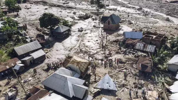 This aerial photograph taken on May 6, 2023 shows a landslide that engulfed Nyamukubi village, eastern Democratic Republic of Congo. (Credit: Glody Murhabazi/AFP/Getty Images)