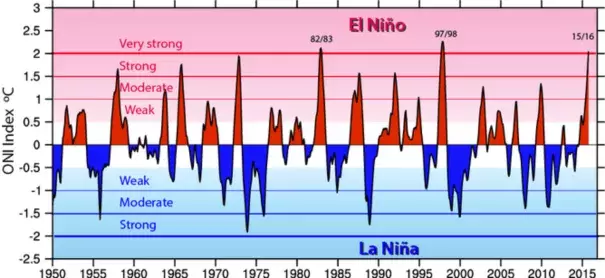 The Oceanic Niño Index (ONI) shows warm (red) and cold (blue) phases of abnormal sea surface temperatures in the tropical Pacific Ocean. Credit: NCAR, Author provided