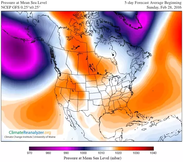 The five-day forecast for atmospheric pressure at mean sea level, starting on Sunday, Feb. 28, 2016. Image: Climate Reanalyzer