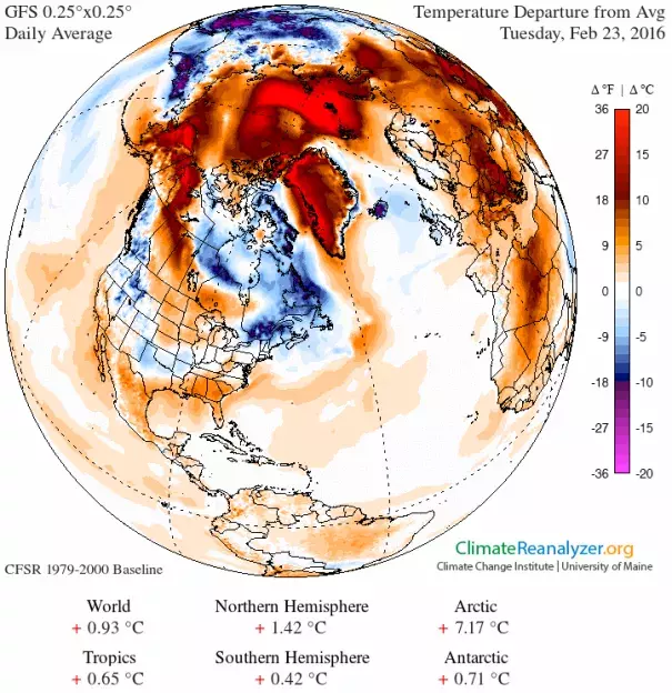 Temperature difference from normal shows parts of the Arctic over 17 degrees warmer than normal on Feb. 23, 2016. Image: University of Maine Climate Analyzer