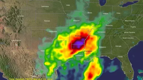 Global Precipitation Measurement satellite depiction of rainfall totals in the South. Image: NASA
