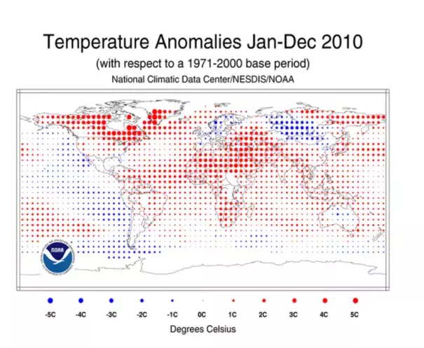 Global surface temperature anomalies for 2010.  (Credit: NOAA)