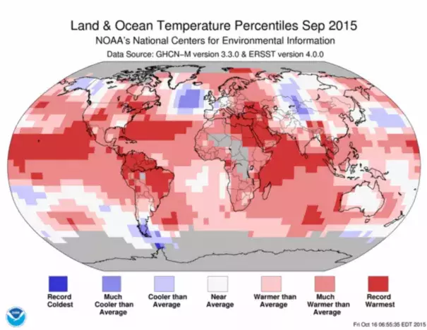 Departure of temperature from average for September 2015, the warmest September for the globe since record keeping began in 1880. Image: NOAA