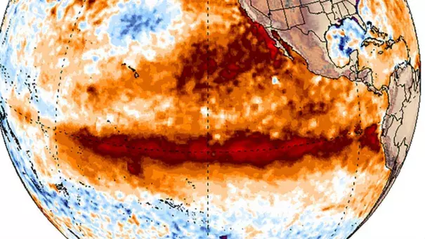 Sea surface temperature anomalies across the tropical Pacific Ocean, showing the hallmark pattern of El Nino. Image: Climate Reanalyzer