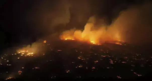 An aerial view of a wildfire in Kihei, Maui County, Hawaii, August 8, 2023.  (Credit: Clint Hansen of Maui Real Estate Radio/TMX)