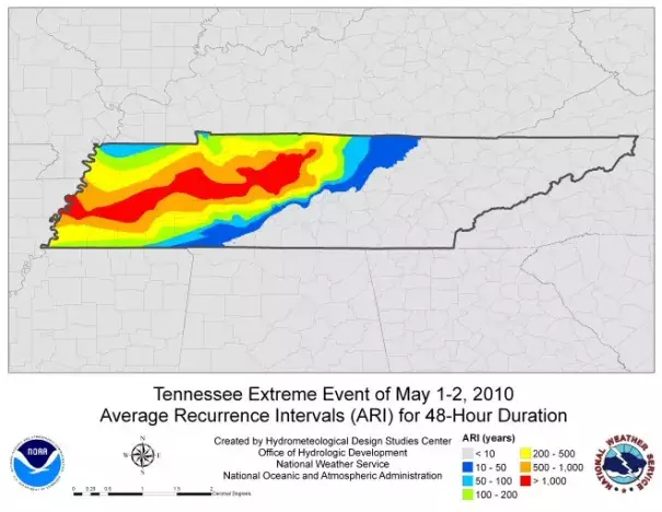 The map relates to amount of rainfall that fell to the chances of that amount of rain actually occurring. Photo: NOAA