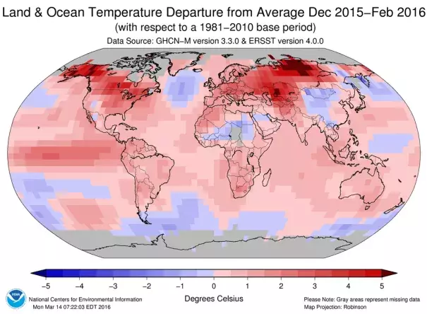 Land and ocean temperature departure from average. Image: NOAA