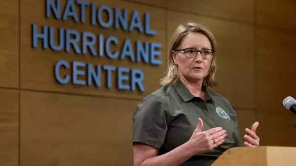 FEMA Administrator Deanne Criswell speaking at the National Hurricane Center in May 2023 in Miami, Florida. (Credit: Joe Raedle/Getty Images)