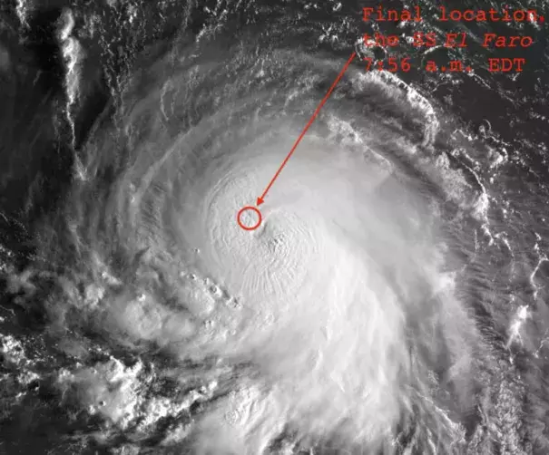 Figure 3. Hurricane Joaquin as seen by the GOES-East satellite at 7:45 am EDT October 1, 2015. At the time, Joaquin was an intensifying Category 2 storm with 110 mph winds. The last position of the cargo ship El Faro, in the northwestern eyewall of Joaquin, is shown. Image credit: United States Navy and NOAA.