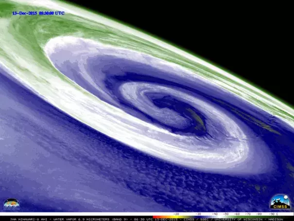 A powerful storm in the Bering Sea tied the record for most intense wintertime cyclone in the North Pacific over the weekend. (CIMSS/SSEC/University of Wisconsin)