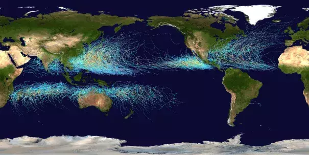 Map of the cumulative tracks of all tropical cyclones during the 1985–2005 time period. The Pacific Ocean west of the International Date Line sees more tropical cyclones than any other basin, while there is almost no activity in the Atlantic Ocean south of the Equator. Background image: NASA this version: Nilfanion