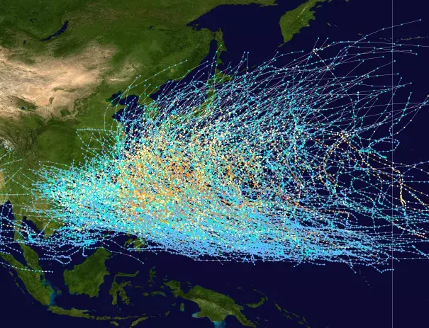 Western Pacific tropical storm paths for the period of 1980-2005. As one can the Philippines is obliterated under all the lines delineating the various tracks. Only the southern portion of Mindanao Island is visible. Image: Wikicommons