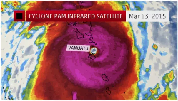 Enhanced satellite imagery of Cyclone Pam during the height of its strength as it made a direct strike to Vanuatu on March 13, 2015. Image: The Weather Channel