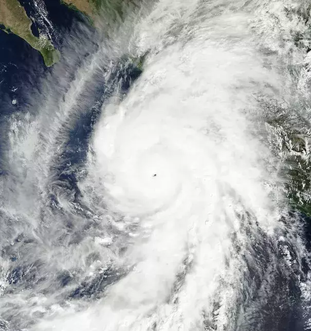 Hurricane Patricia as seen by the MODIS instrument on NASA's Terra spacecraft at 1:30 pm EDT October 23, 2015. At the time, Patricia had 205 mph sustained surface winds and a central pressure of 878 mb. Patricia had peaked at 215 mph sustained winds and a central pressure of 872 mb six hours previously. Image: NASA