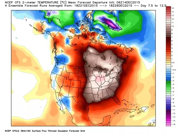 Temperature departures from normal from Dec. 21-26. Credit: Weatherbell