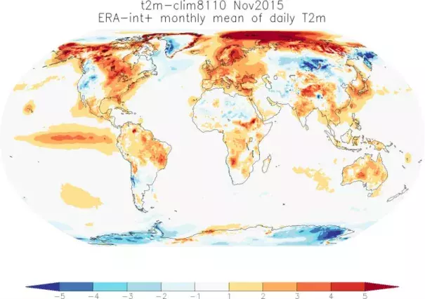 How temperatures around the globe differed from normal for November 2015. Image: ECMWF
