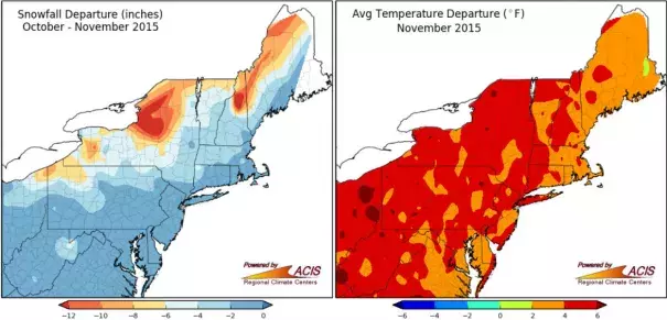 November snow and temperature departures from normal in the Northeast. Image: NERCC