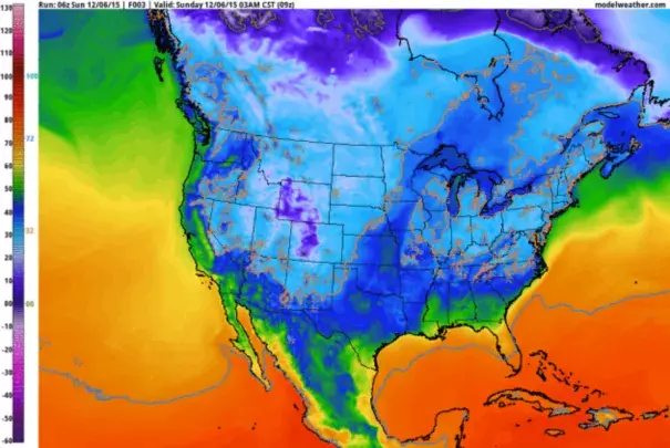 NAM guidance shows the spastic journeys of the 32F isotherm over the next 84 hours (highlighted in orange). For at least the next 4-5 days nighttime lows will be a few degrees warmer than average highs this time of year. Image: NOAA and AerisWeather.