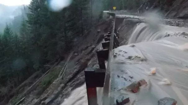 A compromised U.S. Highway 12 west of White Pass, Washington, on Wednesday morning, December 9, 2015. White Pass is located in the Cascades just south of Mount Rainier. A 58-mile stretch of U.S. Highway 12 is now closed between Packwood and Naches. Photo: Washington State Department of Transportation