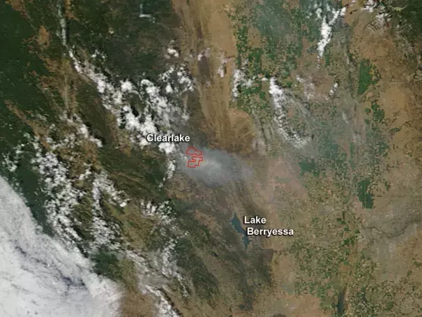 The Rocky Fire in Lake County, California, is generating enough smoke to be seen from space. Image: Jeff Schmalt, NASA Goddard's MODIS Rapid Response Team