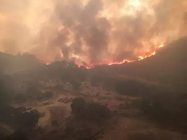 The view from a Los Angeles County Fire Department helicopter over Soledad Canyon. Photo: LACFD Air Operations