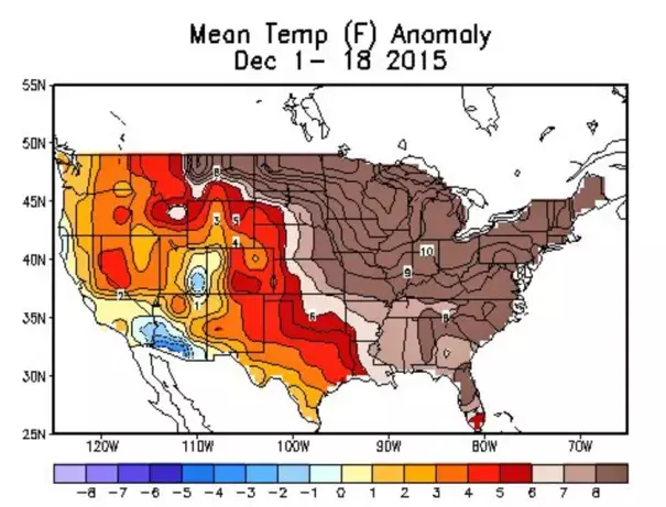 December warmth in the monthly temperature anomaly map. Image: NWSCPC