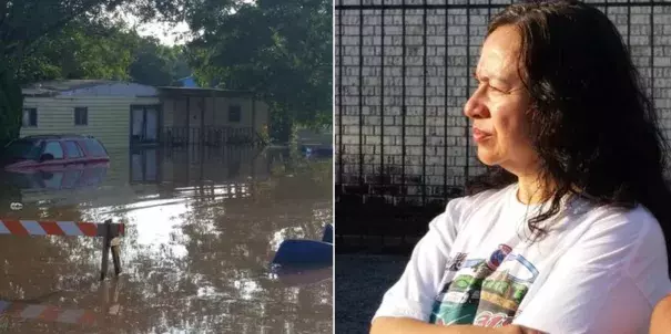 Alice Gracia surveys her flooded Rosenberg home. Says she has never seen it this bad in over 30 years. Photo: @SamanthhaKPRC