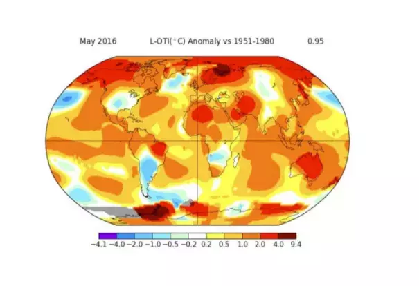 May 2016 temperature departures from average, in degrees Celsius, relative to 1951-1980 average. Brown/blue contours correspond to temperatures most above/below April averages. Image: NASA / GISS
