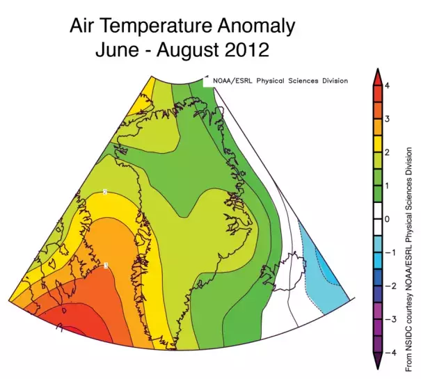 This image of Greenland summer 2012 air temperature anomalies at the 925 hPa level (about 3,000 feet above the surface) shows that all of Greenland experienced warmer than average temperatures, with the strongest warming along the west coast. Temperatures are compared to the 1981 to 2010 average. Image: National Snow and Ice Data Center, from NOAA/ESRL Physical Sciences Division