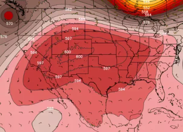 GFS model simulation of massive heat dome centered over the Southwest U.S. on Monday afternoon. Image: WeatherBell.com