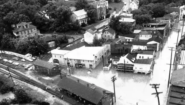 Aerial view of downtown historic Ellicott City the day after Tropical Storm Agnes hit the area in 1972. Photo: Lloyd Pearson, Baltimore Sun