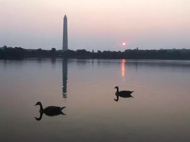 Skies were hazy and the sunrise was redder than usual in Washington on July 20 due to smoke transport from fires in the West. (Jeannie In D.C./CWG Flickr)