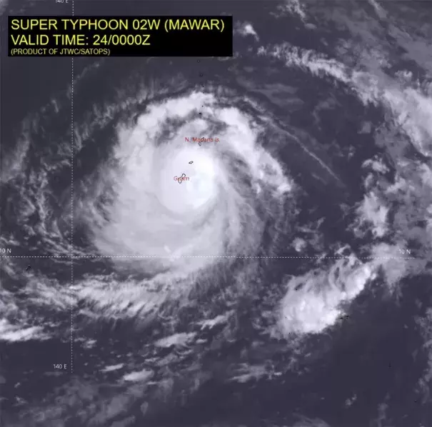 This infrared satellite image from the Joint Typhoon Warning Center shows Typhoon Mawar as it approached Guam on Wednesday, May 24, 2023. Typhoon Mawar aimed its fury at the tiny U.S. territory of Guam on Wednesday as residents with nowhere to go hunkered down to face devastating winds and torrential rains from what was expected to be the worst storm to hit the Pacific island in decades. (Credit: Joint Typhoon Warning Center via AP)