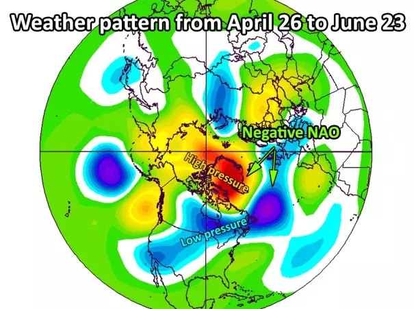 500mb heights compared to normal from April 26 through June 23, encompassing all of the current negative NAO with data. Credit: ESRL/NOAA/author