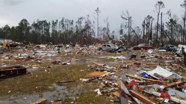 Damage to the Sunshine Acres trailer park near Adel, Georgia, caused by a likely tornado. Image: WALB
