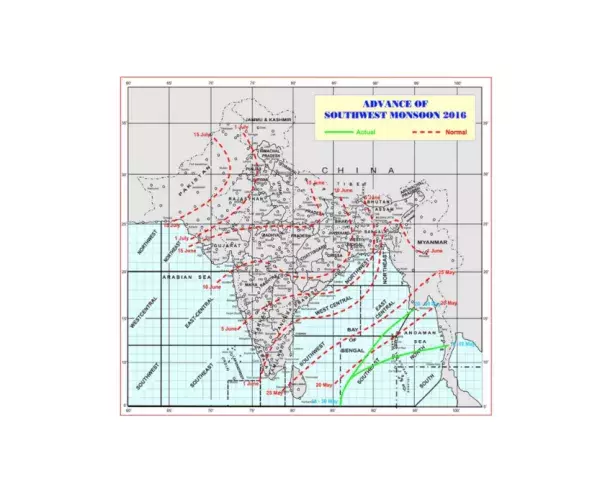 A map illustrating the dates of the normal onset of the monsoon in India (red-dashed lines) and where the actual advance lines have been so far this season (green solid lines). Image: Indian Meteorological Department