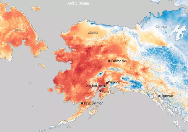 July 8 temperatures cooler than 65°F are shades of blue; those warmer than 65°F are yellow, orange, and red. Credit: NOAA Climate.gov image, based on RTMA data. 