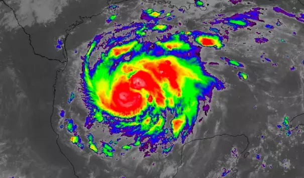 GOES-16 infrared satellite image of Harvey as of 1426Z (9:26 am CDT) Thursday, August 24, 2017. Image credit: NASA/MSFC Earth Science Branch. Image: GOES-16 images are preliminary and non-operational