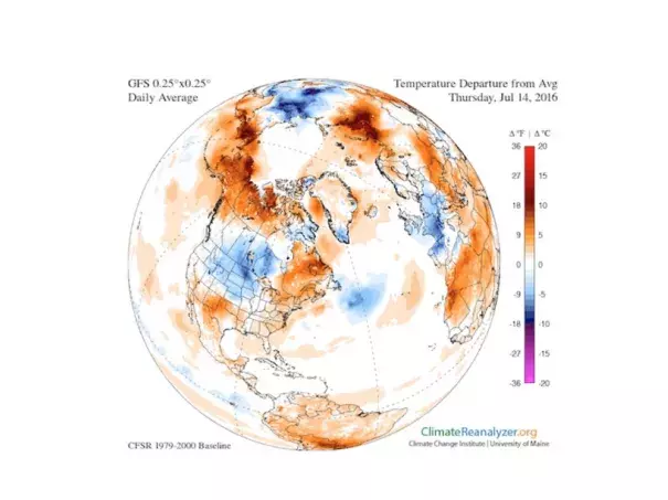 Temperature anomalies (departures from normal) for Thursday, July 15, 2016, as extrapolated from the 00Z Thursday GFS model output. Image: Climate Reanalyzer/University of Maine