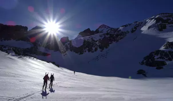 In this photo taken April 1, 2017, members of a California Cooperative Snow Survey team ski toward Bishop Pass in Inyo National Forest near Bishop, Calif. Despite new technologies, California's snowpack is still measured the old-fashioned way: by skiers who manually measure the depth and water content of the snowpack. The practice remains an important way to verify and fine-tune remotely collected data. Photo: Brian Melley, AP Photo