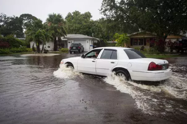 A motorist drives down a flooded street in St. Petersburg, Fla., after Tropical Storm Colin dumped heavy rains over the Tampa Bay area on June 7, 2016. Photo: Lauren Elliot, AP