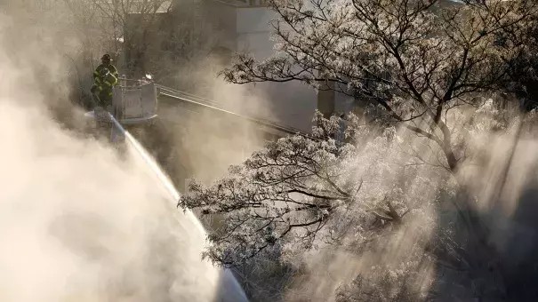 Ice forms on tree branches as New York firefighters battle a blaze in a commercial building in the Bedford Stuyvesant neighborhood of Brooklyn, Thursday, Jan. 31, 2019 in New York. Firefighters around New York state have been grappling with brutal cold during big blazes. Photo: Mark Lennihan, AP